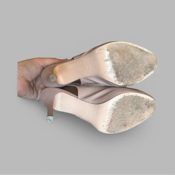 Vintage Patent Leather Peachy Tan Beige Peep Toe Slingback Pinup Pumps Size 9 - Picture 6 of 13